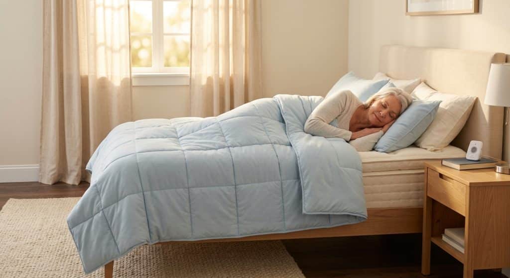Senior dormant paisiblement sans troubles du sommeil grâce à un environnement sécurisé.