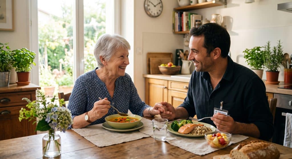 Senior à domicile partageant un repas équilibré avec un intervenant pour prévenir la dénutrition et préserver son autonomie.