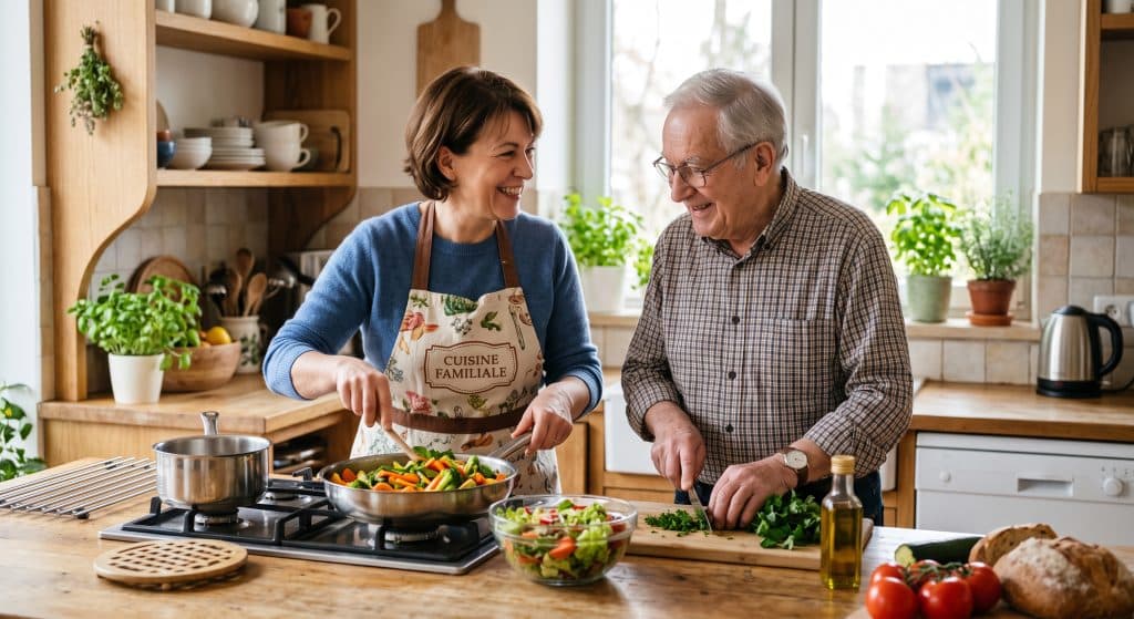 Aidant et personne âgée préparant un repas équilibré pour favoriser la nutrition senior et le maintien de l'autonomie.