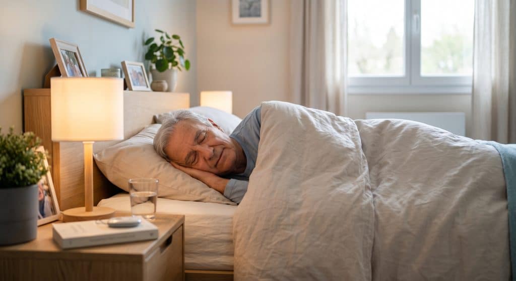 Senior se reposant sereinement dans une chambre sécurisée, illustrant la prévention du sommeil chez les seniors.