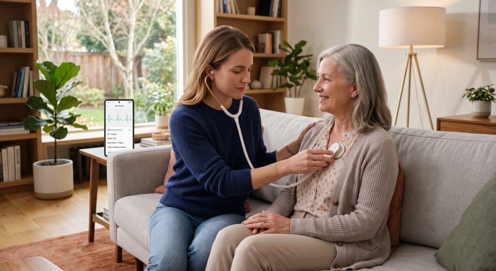Utilisation d'un multiscope connecté pour l'analyse cardiaque et pulmonaire par IA à domicile.