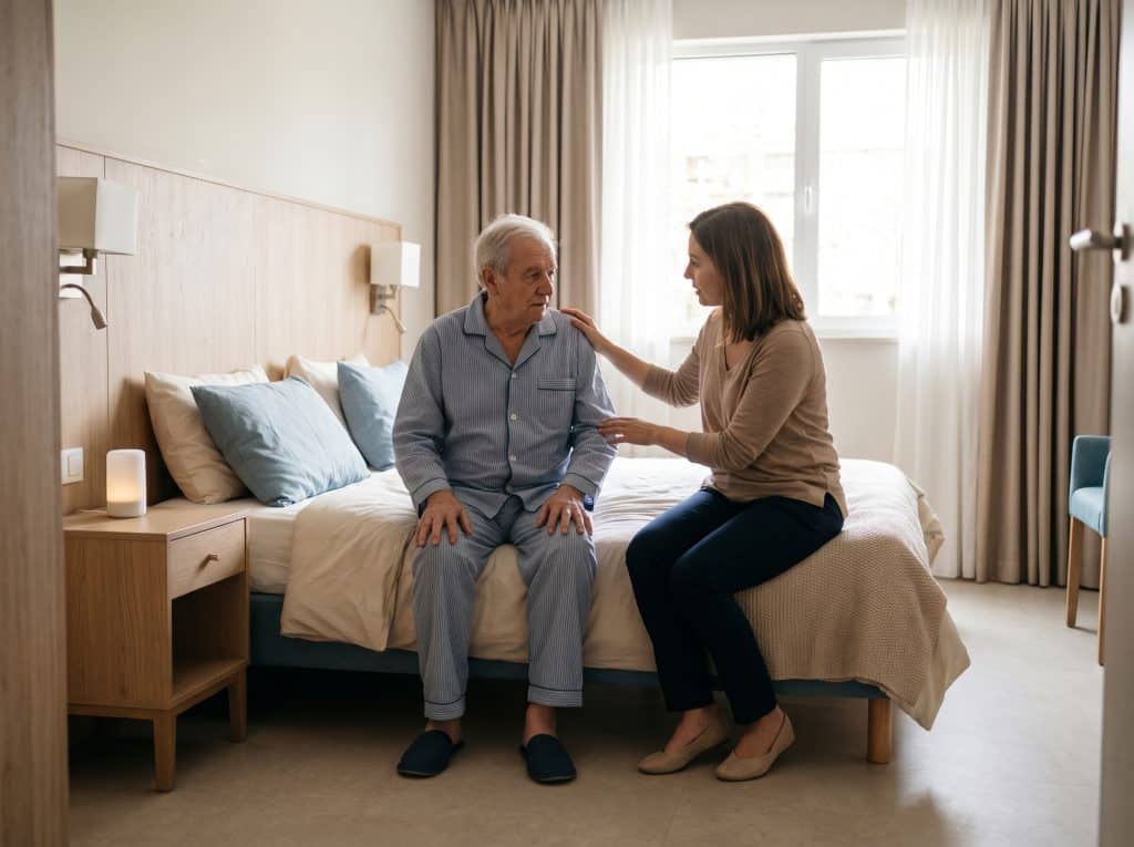 Femme âgée assise sur son lit au matin illustrant la prévention des troubles du sommeil chez le senior.